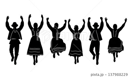 Black Solid Festive Folk Silhouettes Set of Six on White Background 137988229