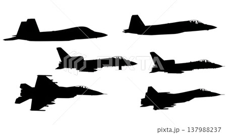 Black Solid Modern Fighter Jets and Military Aircraft Silhouettes Set of Six on White Background Black Solid Modern Fighter Jets and Military Aircraft Silhouettes Set of Six on White Background 137988237