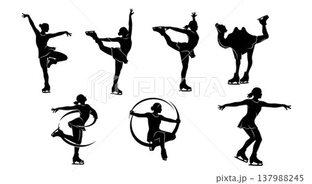 Black Solid Figure Skating Silhouettes Set of Six on White Background 137988245
