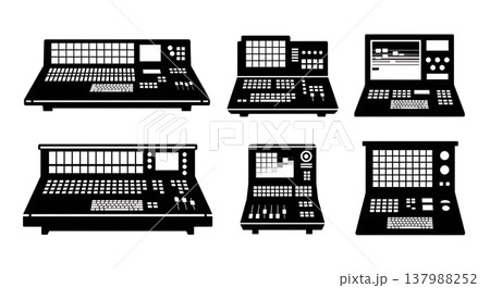 Black Solid Film Console Silhouettes Set of Six on White Background 137988252