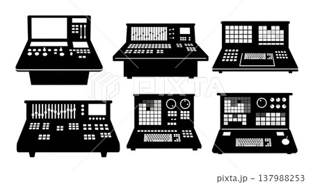 Black Solid Film Console Silhouettes Set of Six on White Background 137988253