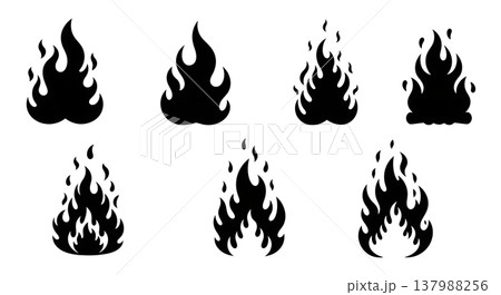Black Solid Fire Flame Silhouettes Set of Six on White Background Black Solid Fire Flame Silhouettes Set of Six on White Background 137988256