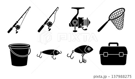 Black Solid Fishing Gear Silhouettes Set of Six on White Background 137988275