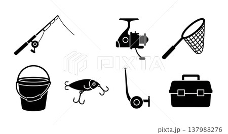 Black Solid Fishing Gear Silhouettes Set of Six on White Background 137988276