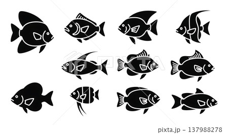 Black Solid Fish Types Silhouettes Set of Six on White Background Black Solid Fish Types Silhouettes Set of Six on White Background 137988278