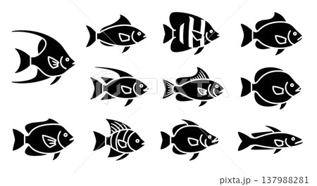 Black Solid Fish Types Silhouettes Set of Six on White Background Black Solid Fish Types Silhouettes Set of Six on White Background 137988281