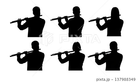 Black Solid Flutist Silhouettes Set of Six on White Background Black Solid Flutist Silhouettes Set of Six on White Background 137988349