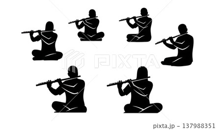 Black Solid Sitting Flutist Silhouettes Set of Six on White Background Black Solid Sitting Flutist Silhouettes Set of Six on White Background 137988351
