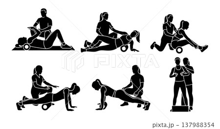 Black Solid Foam Roller Therapy Silhouettes Set of Six on White Background Black Solid Foam Roller Therapy Silhouettes Set of Six on White Background 137988354