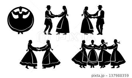 Black Solid Folk Dancer Silhouettes Set of Six on White Background 137988359