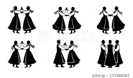 Black Solid Folk Dancer Silhouettes Set of Six on White Background Black Solid Folk Dancer Silhouettes Set of Six on White Background 137988361