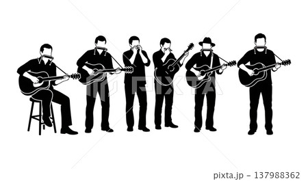 Black Solid Folk Musician Silhouettes Set of Six on White Background Black Solid Folk Musician Silhouettes Set of Six on White Background 137988362