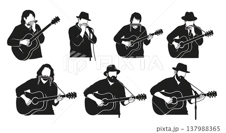 Black Solid Folk Musician Silhouettes Set of Six on White Background 137988365
