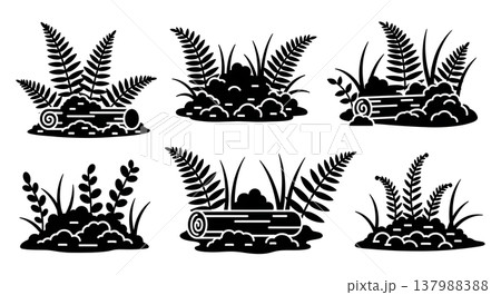 Collection of Six Black Solid Forest Undergrowth Silhouettes Collection of Six Black Solid Forest Undergrowth Silhouettes 137988388