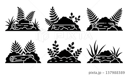 Collection of Six Black Solid Forest Undergrowth Silhouettes Collection of Six Black Solid Forest Undergrowth Silhouettes 137988389