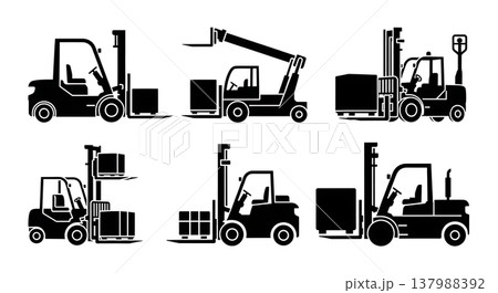 Black Solid Forklifts and Warehouse Material Handlers Silhouettes Set of Six on White Background Black Solid Forklifts and Warehouse Material Handlers Silhouettes Set of Six on White Background 137988392