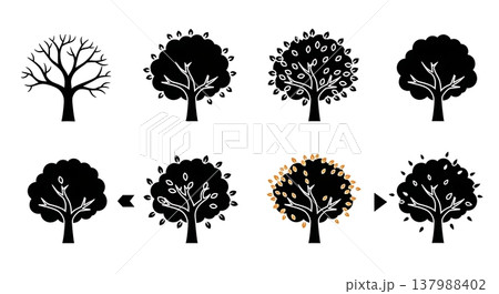 Set of Six Black Solid Four Seasons Tree Cycle Silhouettes 137988402