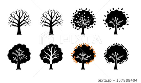 Set of Six Black Solid Four Seasons Tree Cycle Silhouettes 137988404