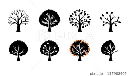 Set of Six Black Solid Four Seasons Tree Cycle Silhouettes 137988405