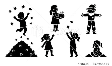 Black Solid Children in Autumn Activities Silhouette Collection Black Solid Children in Autumn Activities Silhouette Collection 137988455