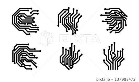 Black Solid Circuit Trace Silhouettes Set of Six on White Background Black Solid Circuit Trace Silhouettes Set of Six on White Background 137988472