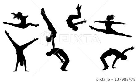 Black Solid Circus Acrobat Silhouettes Set of Six on White Background Black Solid Circus Acrobat Silhouettes Set of Six on White Background 137988479