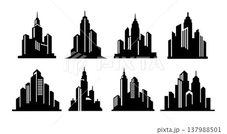 Black Solid City Tower Silhouettes Set of Six on White Background Black Solid City Tower Silhouettes Set of Six on White Background 137988501