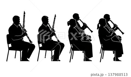 Black Solid Clarinetist Silhouettes Set of Six on White Background 137988513