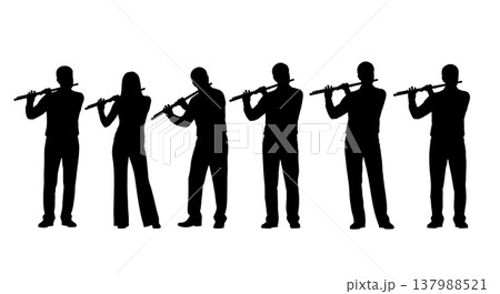 Black Solid Flutist Silhouettes Set of Six on White Background 137988521