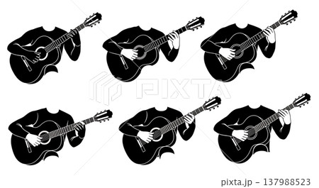 Black Solid Classical Guitarist Silhouettes Set of Six on White Background 137988523