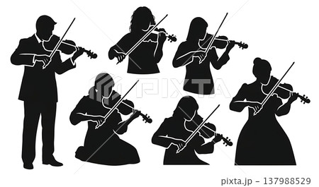 Black Solid Violinist Silhouettes Set of Six on White Background 137988529