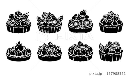 Black Solid Fruit Tarts Silhouettes Set of Six on White Background Black Solid Fruit Tarts Silhouettes Set of Six on White Background 137988531