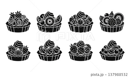 Black Solid Fruit Tarts Silhouettes Set of Six on White Background 137988532