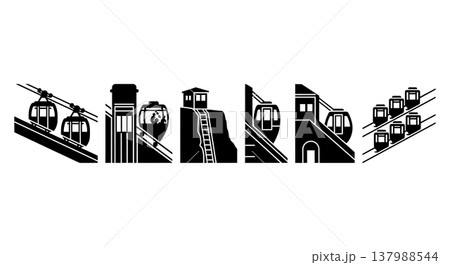 Black Solid Public Funiculars and Inclined Lifts Silhouettes Set of Six on White Background Black Solid Public Funiculars and Inclined Lifts Silhouettes Set of Six on White Background 137988544
