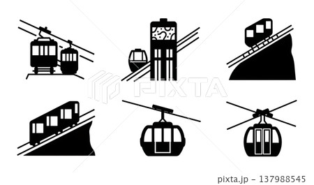 Black Solid Public Funiculars and Inclined Lifts Silhouettes Set of Six on White Background 137988545