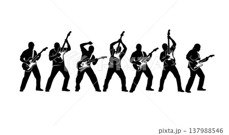 Black Solid Funk Guitarist Silhouettes Set of Six on White Background 137988546