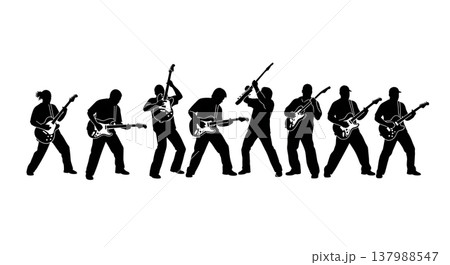 Black Solid Funk Guitarist Silhouettes Set of Six on White Background Black Solid Funk Guitarist Silhouettes Set of Six on White Background 137988547