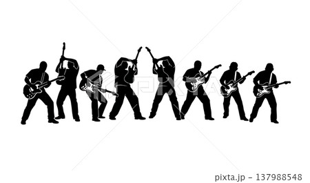 Black Solid Funk Guitarist Silhouettes Set of Six on White Background 137988548