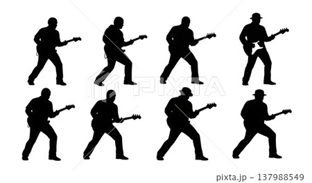 Black Solid Funk Guitarist Silhouettes Set of Six on White Background 137988549