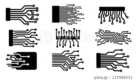 Black Solid Futuristic Circuit Silhouettes Set of Six on White Background 137988551