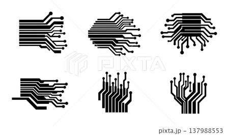 Black Solid Futuristic Circuit Silhouettes Set of Six on White Background Black Solid Futuristic Circuit Silhouettes Set of Six on White Background 137988553