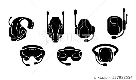 Black Solid Comms Headset Silhouettes Set of Six on White Background Black Solid Comms Headset Silhouettes Set of Six on White Background 137988554