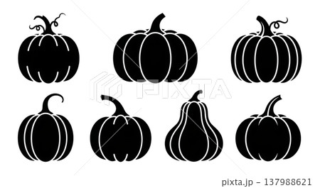 Black Solid Classic Pumpkin Shape Silhouettes Collection of Six on White Background Black Solid Classic Pumpkin Shape Silhouettes Collection of Six on White Background 137988621