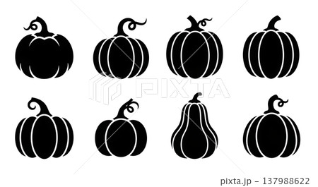 Black Solid Classic Pumpkin Shape Silhouettes Collection of Six on White Background Black Solid Classic Pumpkin Shape Silhouettes Collection of Six on White Background 137988622