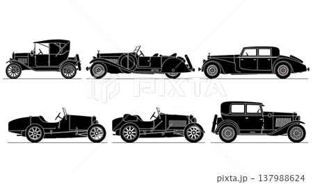Black Solid Classic Vintage Cars Silhouettes Set of Six on White Background 137988624