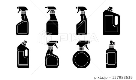 Black Solid Home Cleaning Solutions Silhouettes Set of Six on White Background 137988639
