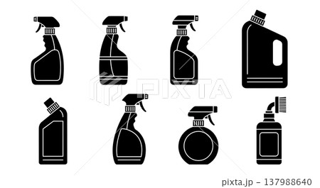 Black Solid Home Cleaning Solutions Silhouettes Set of Six on White Background 137988640