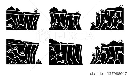 Set of Six Black Solid Cliff Faces with Vegetation Silhouettes 137988647
