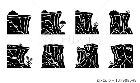 Set of Six Black Solid Cliff Faces with Vegetation Silhouettes Set of Six Black Solid Cliff Faces with Vegetation Silhouettes 137988649