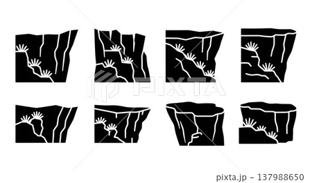 Set of Six Black Solid Cliff Faces with Vegetation Silhouettes Set of Six Black Solid Cliff Faces with Vegetation Silhouettes 137988650
